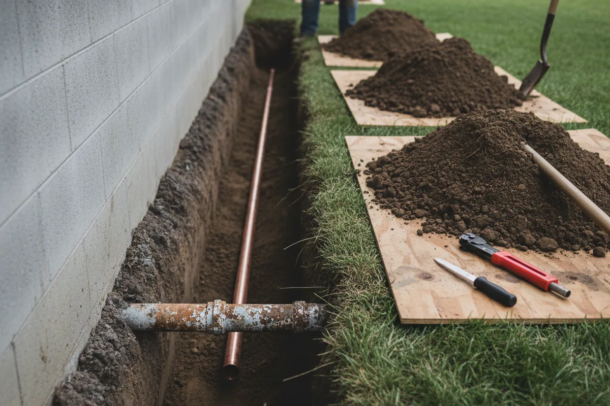 Excavated water line trench during Water Softener Installation in Isonville